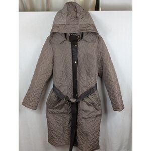 Cole Haan Signature Belted Hooded Quilted Long Coat Beige Women's Size Medium